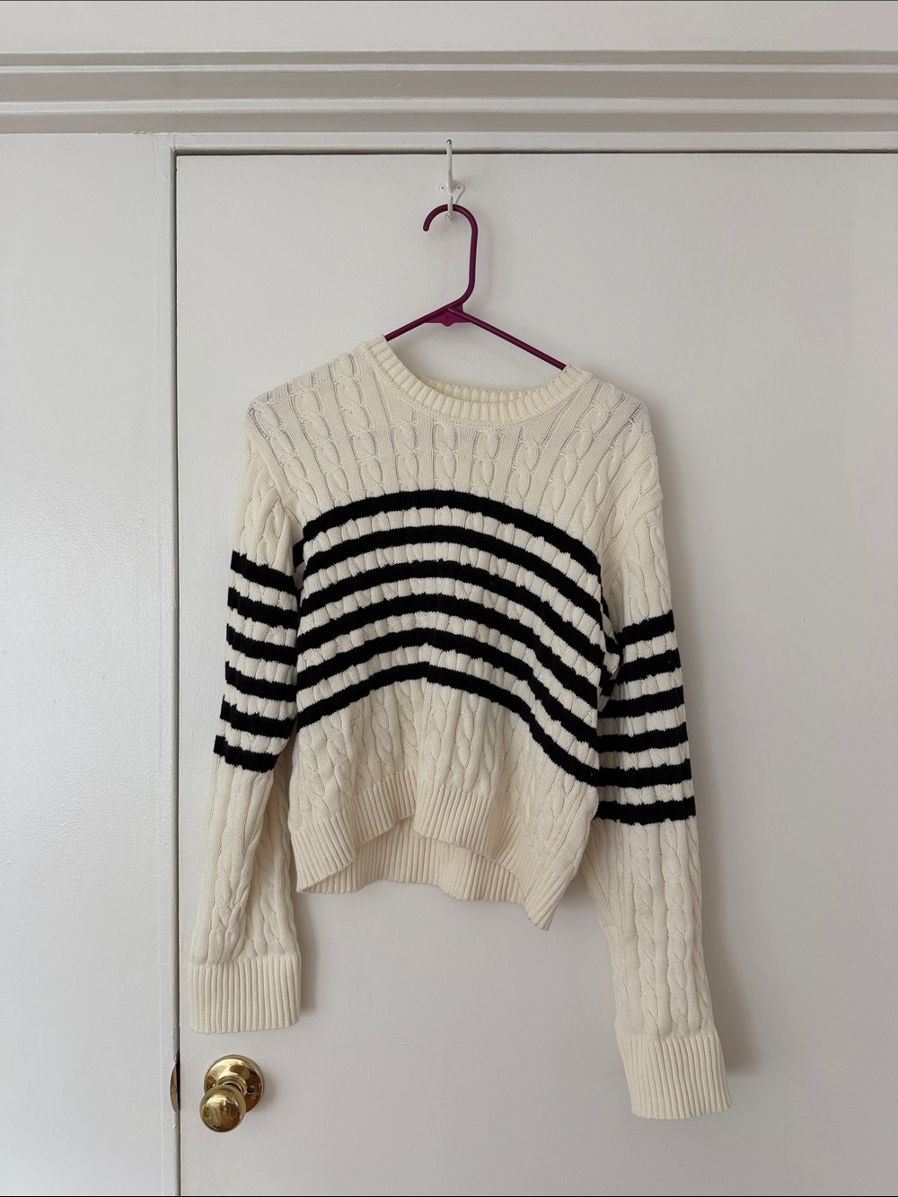 Frankie's Bikinis Cream Cable Knit Crewneck Sweater with Black Stripes
